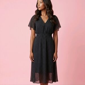 🌸 NWT DKNY Polka Dot Maxi Dress | Flutter Sleeve | V-Neck | Size 8 (M)